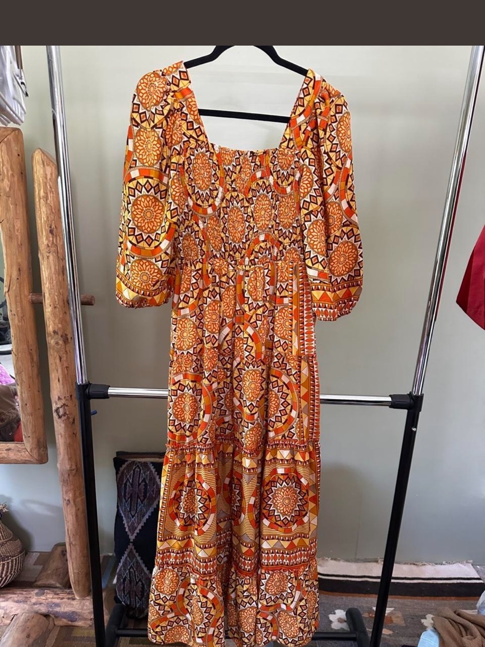 Boho Orange Print Tiered Maxi Dress